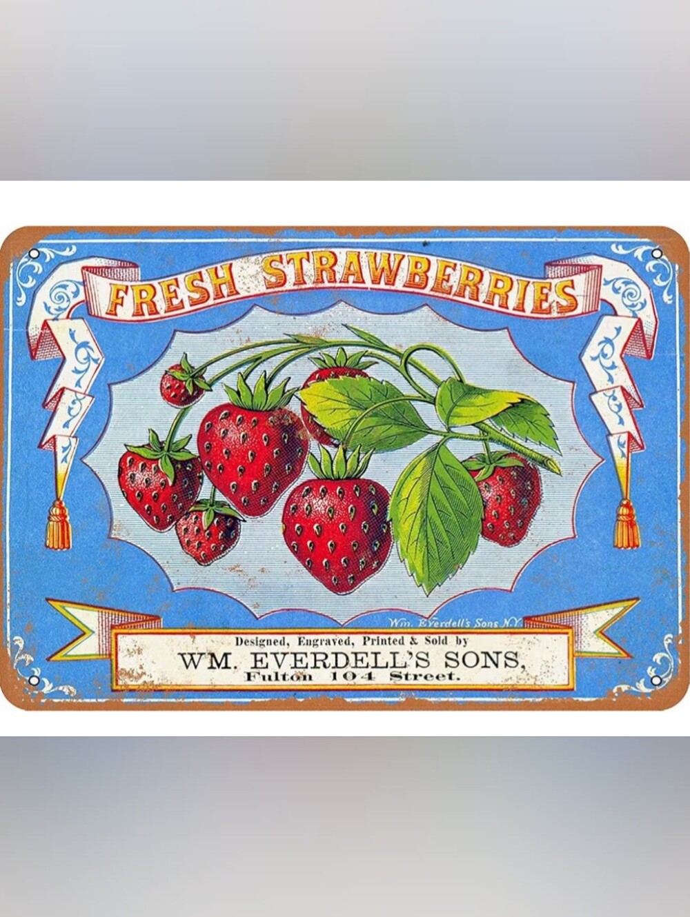 Amazon Fresh Strawberries Retro Fruit Crate Label - Red, Green, Blue
